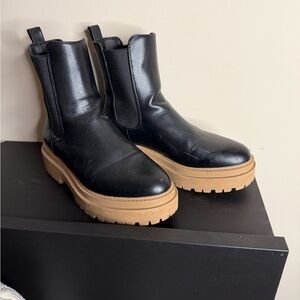 Black Pleather Ankle Boots with Tan Soles